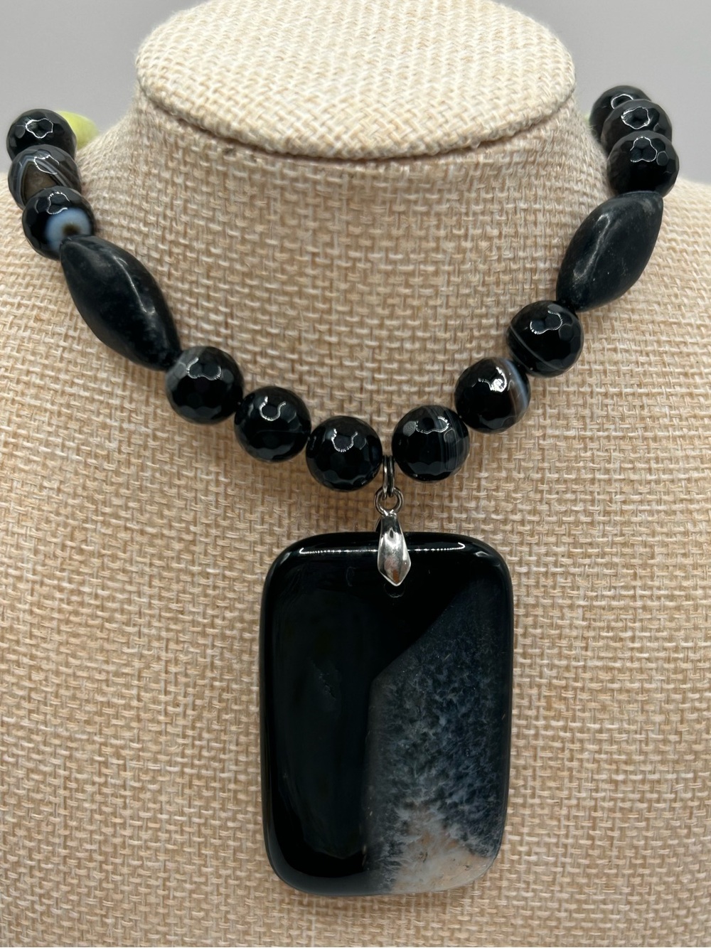 Black Agate Bead Necklace with Pendant